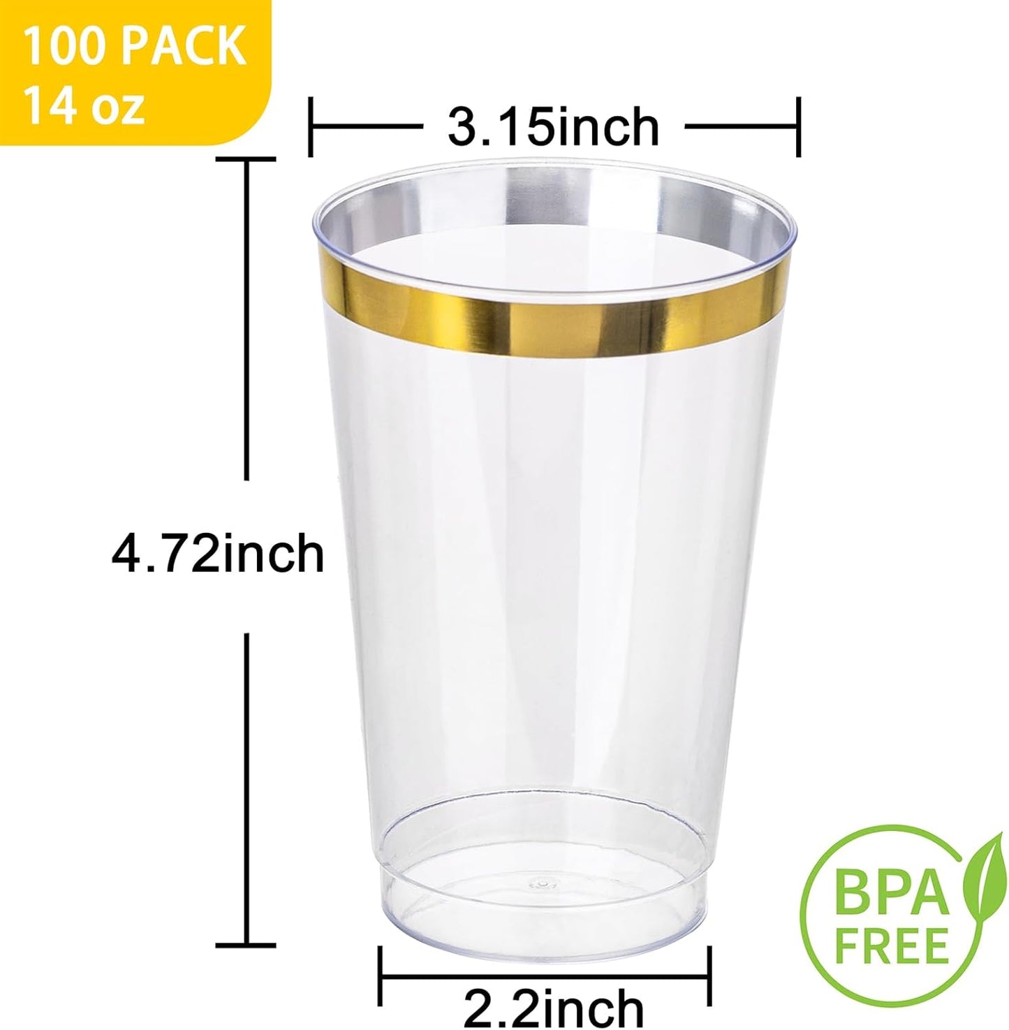 I00000 100 Pack 14 oz Gold Plastic Cups, Gold Disposable Cups Tumblers, Disposable Plastic Wine Glasses Cocktail Glasses Perfect for Wedding, Halloween, Thanksgiving, Christmas Parties