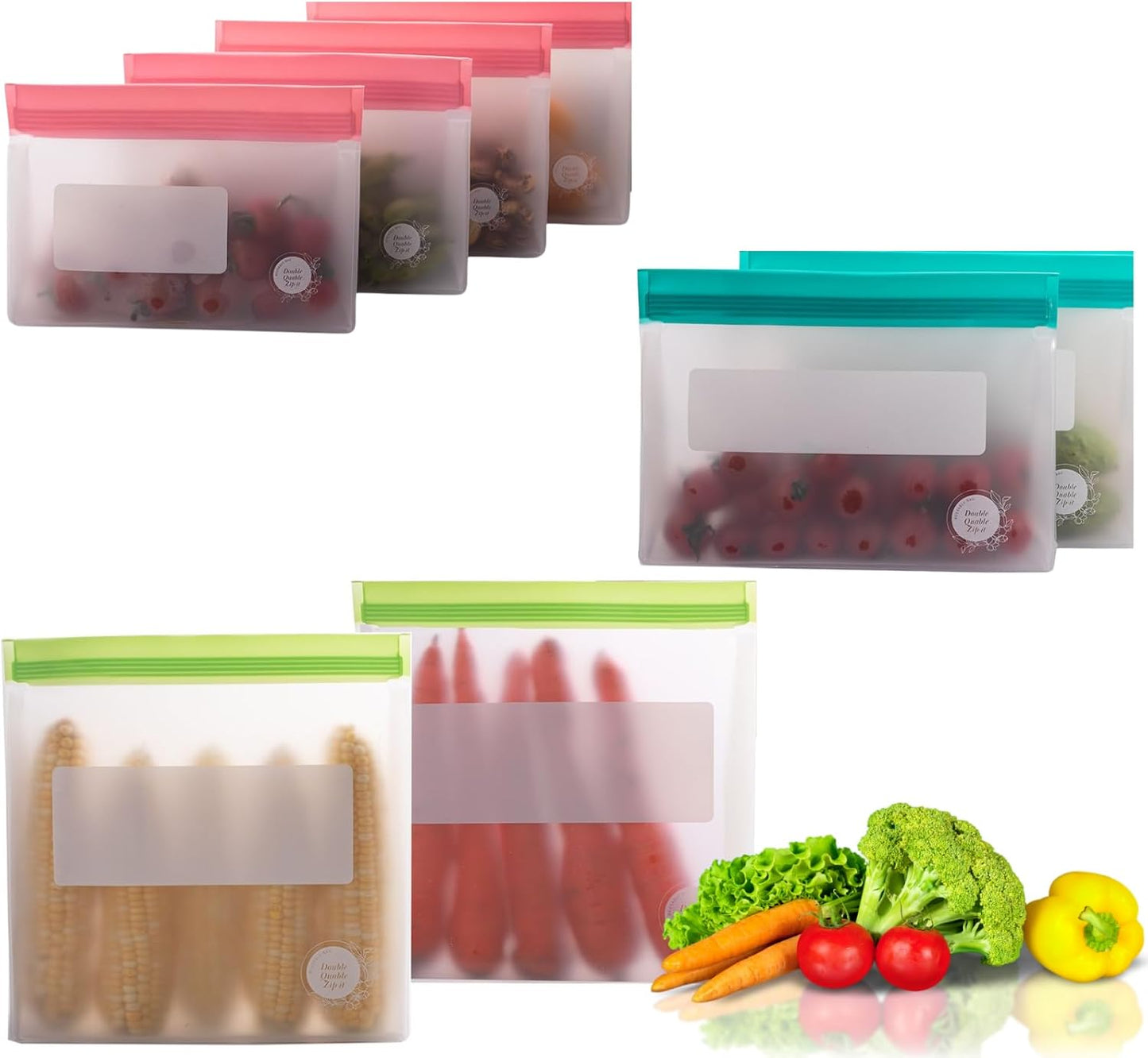 Reusable Food Storage Bags 8-Pack – BPA-Free Freezer & Dishwasher Safe, Leakproof Stand-Up Snack Bags 2 Gl + 2 L, 4 M– Eco-Friendly Airtight Ziplock Bags for Kitchen & Travel(Multicolor)