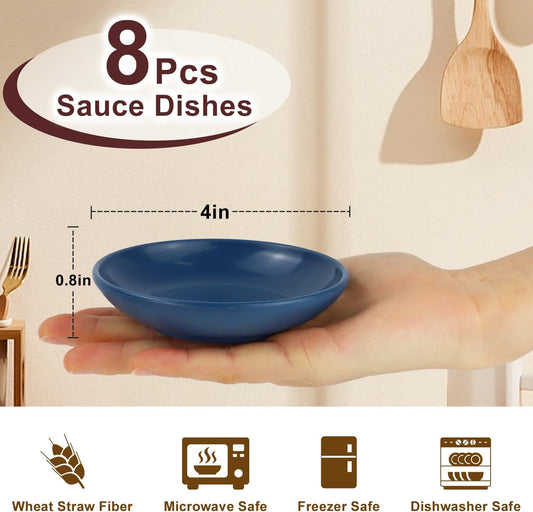 4 Inch Soy Sauce Dishes 8 Pieces, Lightweight and Unbreakable Wheat Straw Plates, Small Sauce Plate, Mini Serving Plates for Side Dishes, Condiment, Appetizer (Multicolor)