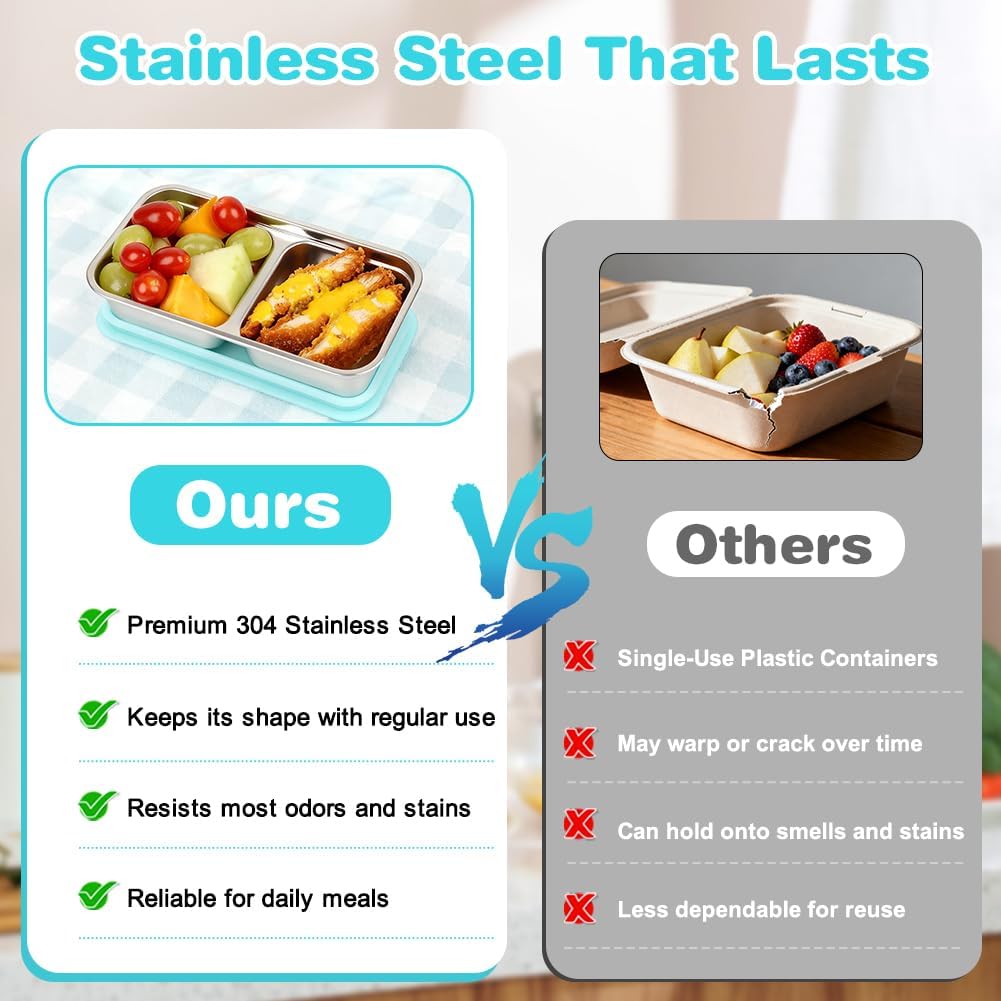 YQL 3 Pack Stainless Steel Snack Containers with Lids, Double Compartment Snack Box for Lunch Prep, Reusable Leakproof Bento Box, Food Storage Containers for Travel, Office, Camping