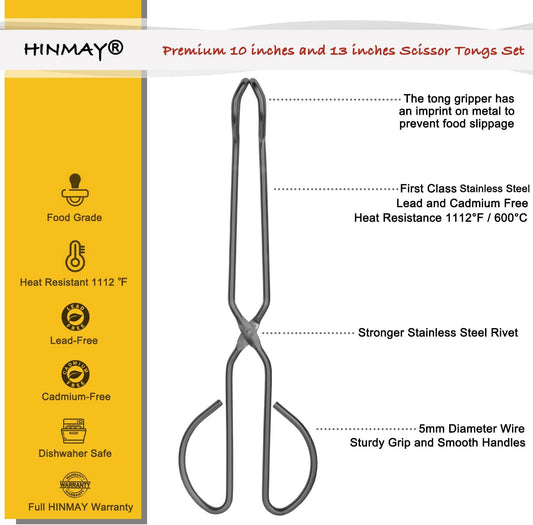10" 13" Stainless Steel Kitchen Tongs, Heavy Duty Non-Slip Comfortable Grip Metal Scissor Tongs for Cooking, Grilling & Serving, Set of 2