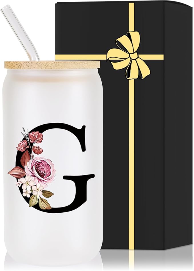 Monogrammed Glass Drinking Cup With Lid Straw Happy Birthday Gifts for Adult Men Women Who Have Everything Want Nothing Dad Mom Guy People Couples Parents Cool Funny Unique Special Christmas Present,G
