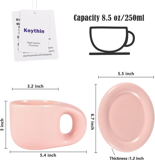 Koythin Ceramic Coffee Chubby Mug Saucer Set, Creative Cute Fat Handle Cup with Saucer for Office and Home, Dishwasher and Microwave Safe, 10 oz for Latte Tea Milk (Pink)