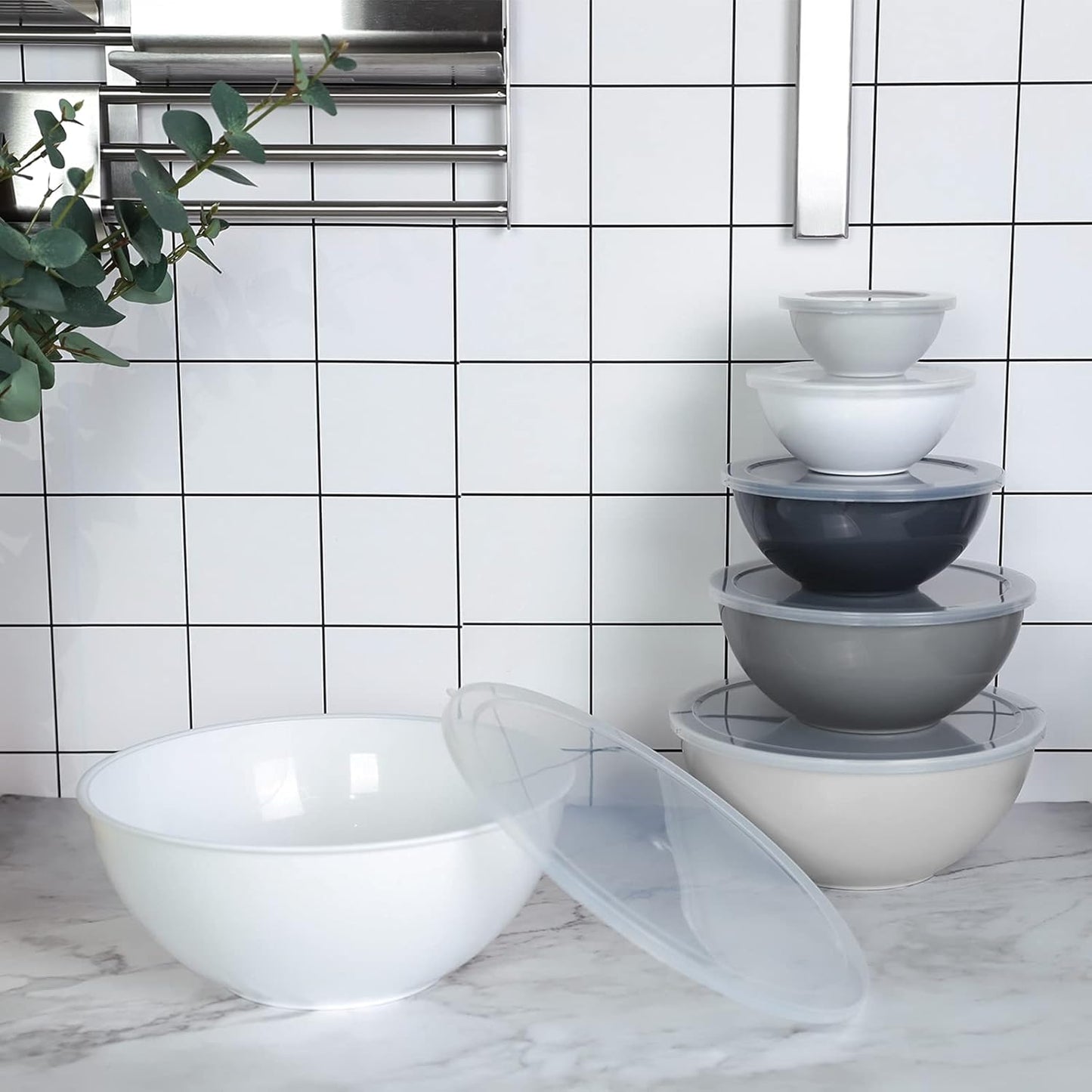 BoxedHome BPA Free Plastic Round Mixing Bowl with Lids, 12 Pack Nesting Bowls with Lids Set, Microwave and Dishwasher Safe Prep & Serving Bowls Great for Mixing, Baking, Serving (White, 12pcs)