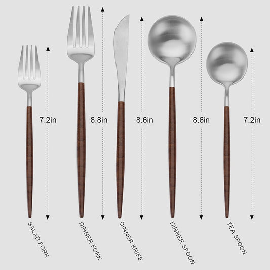 Matte Silver Silverware Set With Brown Handle, Vanys 20 Piece Stainless Steel Cutlery Flatware Set, Kitchen Utensil Sets for 4, Tableware With Knife Spoons And Forks Set, Satin Finished Polished