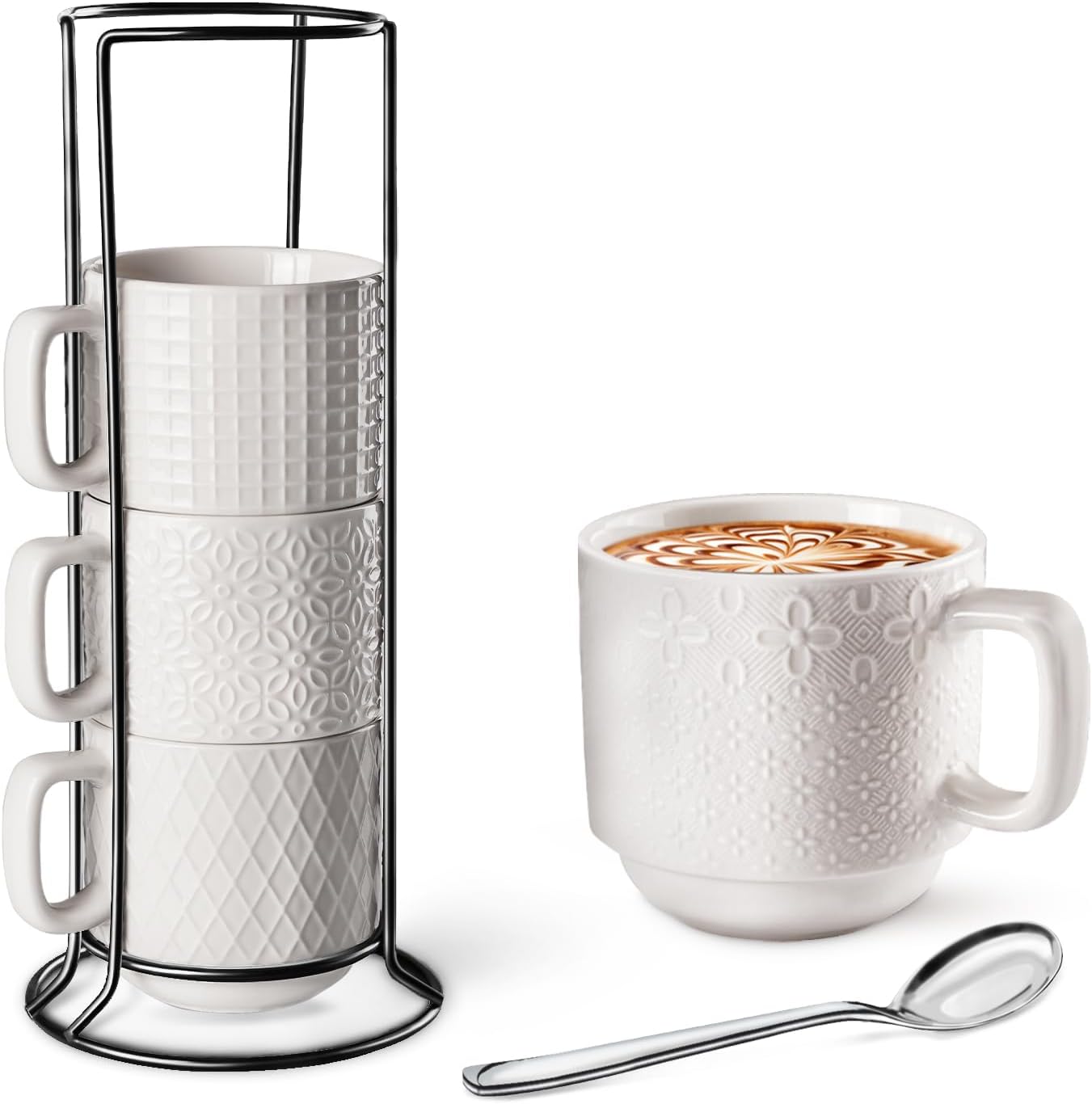 Large Coffee Mug Set of 4 with Stand and Spoons – 14oz Heavy Duty Ceramic Cups for Breakfast Coffee, Hot Drinks, Cocoa – Microwave & Dishwasher Safe – Big Porcelain Mugs Gift for Home Use