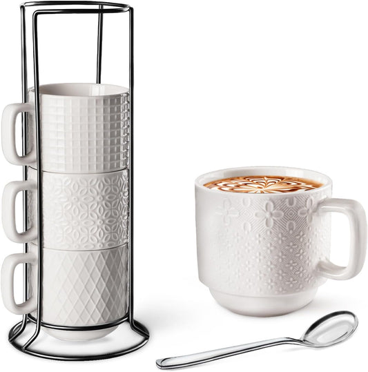 Large Coffee Mug Set of 4 with Stand and Spoons – 14oz Heavy Duty Ceramic Cups for Breakfast Coffee, Hot Drinks, Cocoa – Microwave & Dishwasher Safe – Big Porcelain Mugs Gift for Home Use