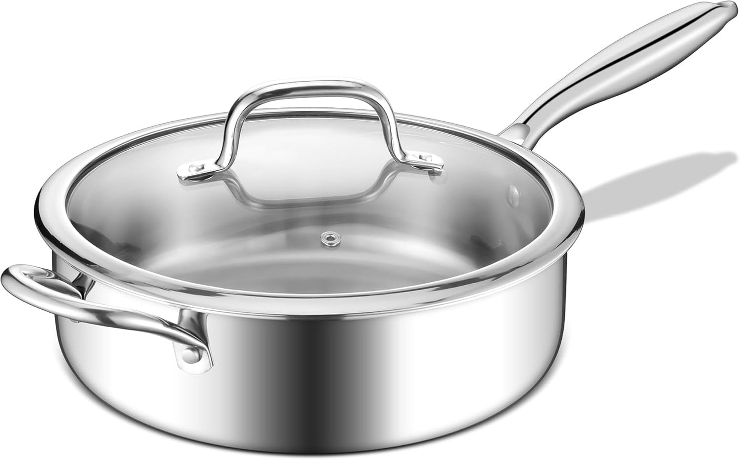 E-far 10 Inch Tri-Ply Stainless Steel Saute Pan, 4.5 Quart Deep Frying Pan with Lid, Kitchen Skillet, Healthy Non-toxic Cooking Pan for Induction Ceramic Gas Stoves, Heavy Duty, Oven & Dishwasher Safe