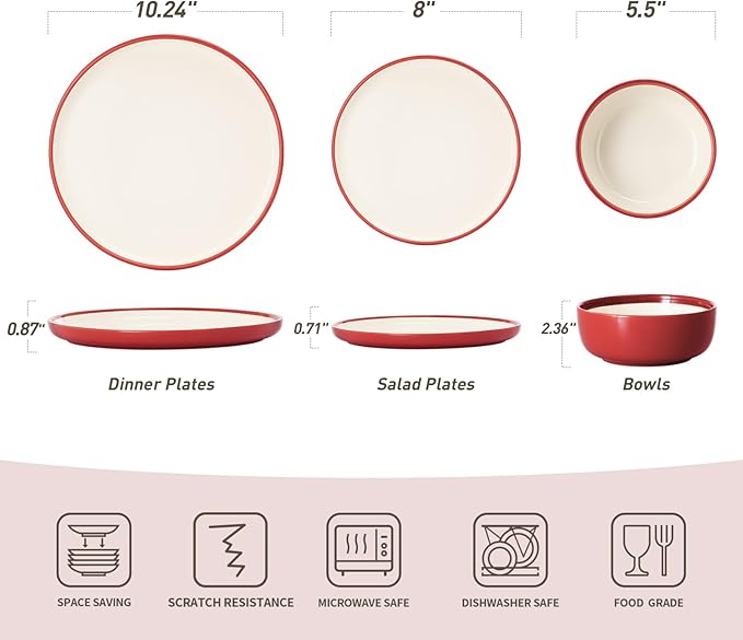 Famiware Lake MacDonnell Plates and Bowls Set for 4, 12 Pieces Dinnerware Sets, Handcrafted, Stoneware Dishes Set, Red and Beige