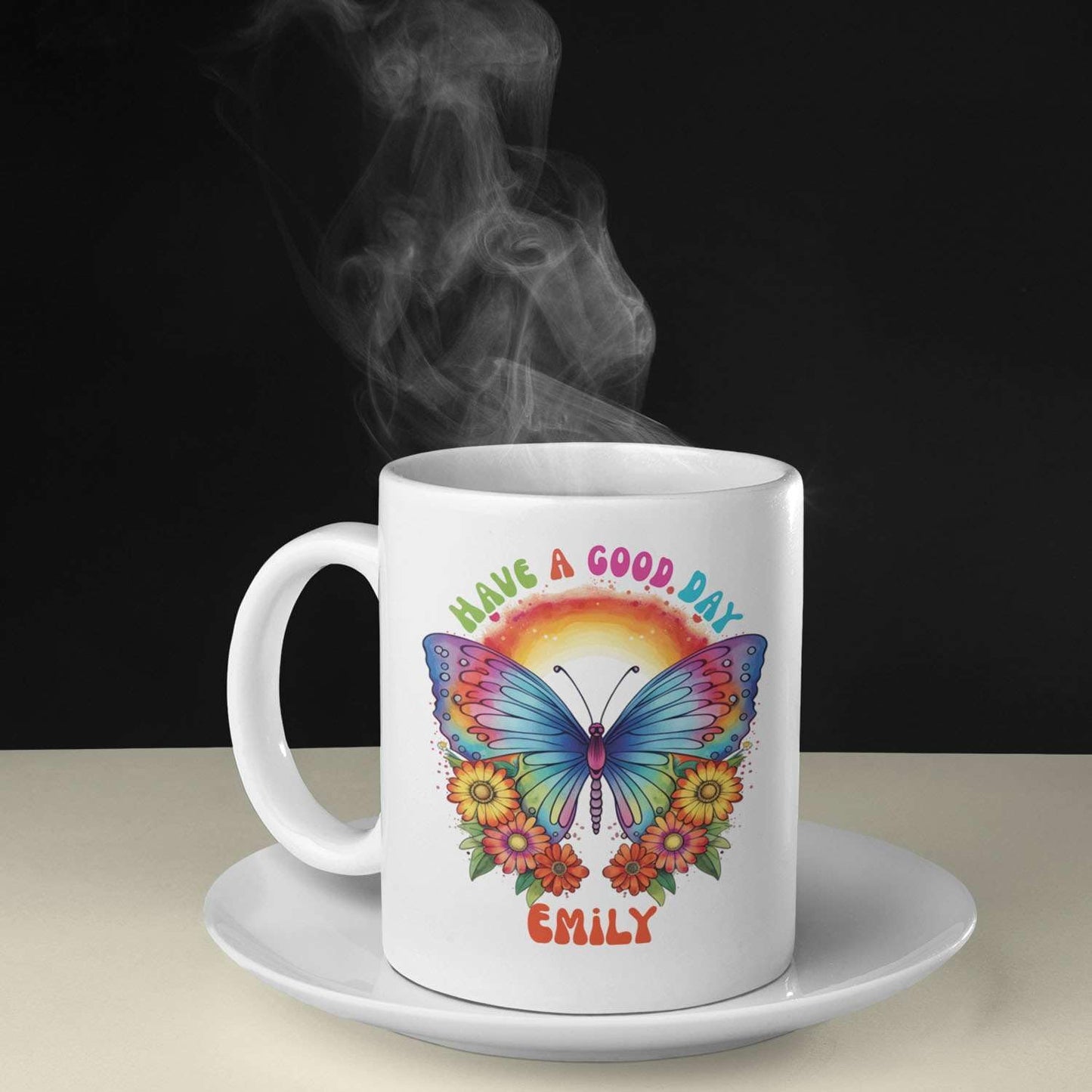 Colorful Butterfly Customized With Have A Good Day Travel Cup, Custom White Ceramic Coffee Mug Gifts For Animal Lovers, Personalized Name Thoughtful Gifts Mug For Kids On Birthday