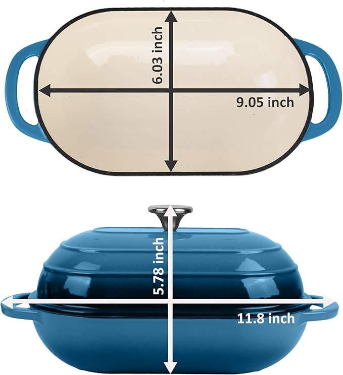 Premium Enameled Cast Iron Dutch Oven for Bread Baking | Non-Stick 2QT Oval Bread Oven with Lid | Perfect for Sourdough, Loaf, and Artisan Baking (Oval Blue, 5 QT)