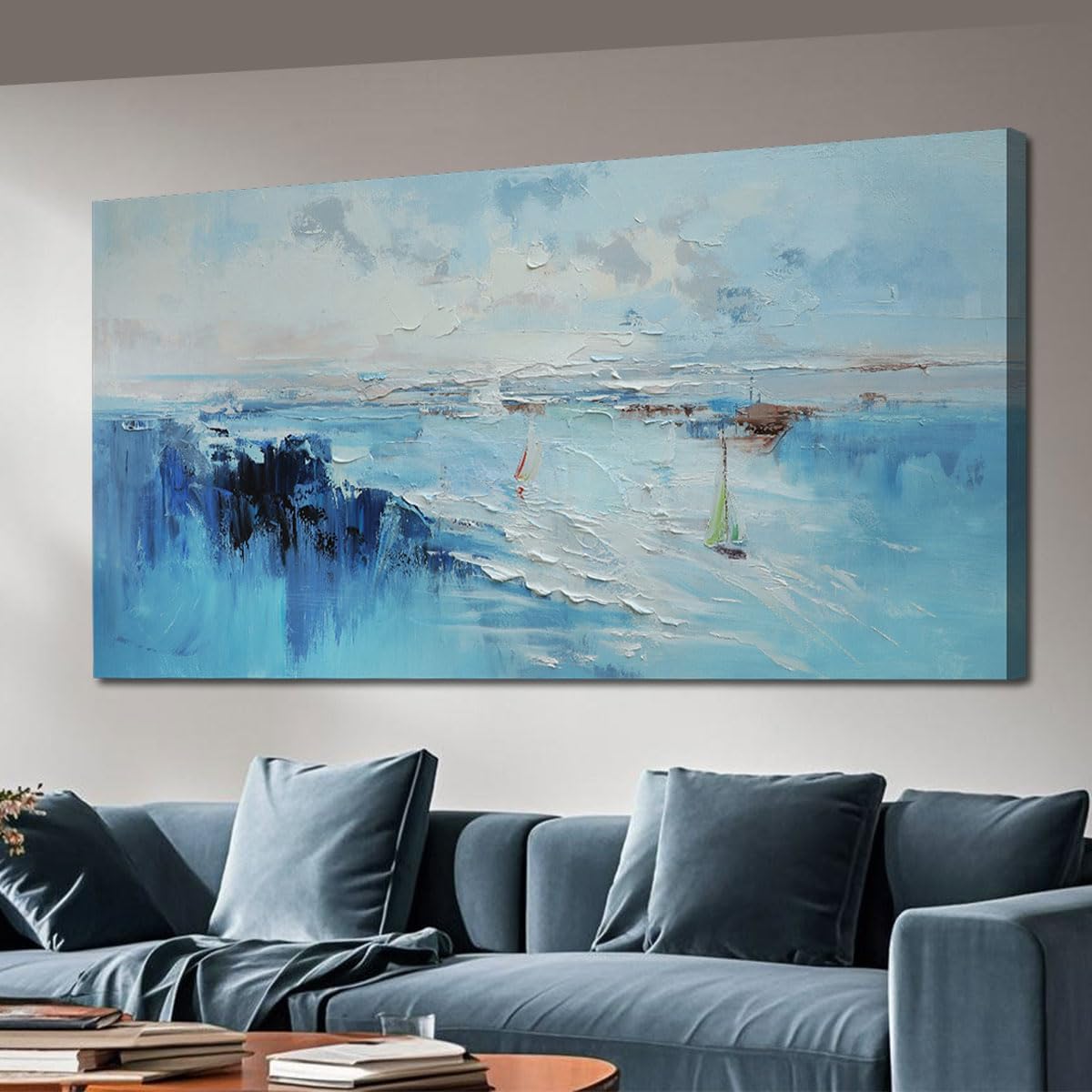 Ardemy Abstract Wall Art for Living Room Extra Large Teal Coastal Sailboat Textured Bedroom Pictures Wall Decor Artwork for Walls Home Office Kitchen Dining Room, 58"x29"