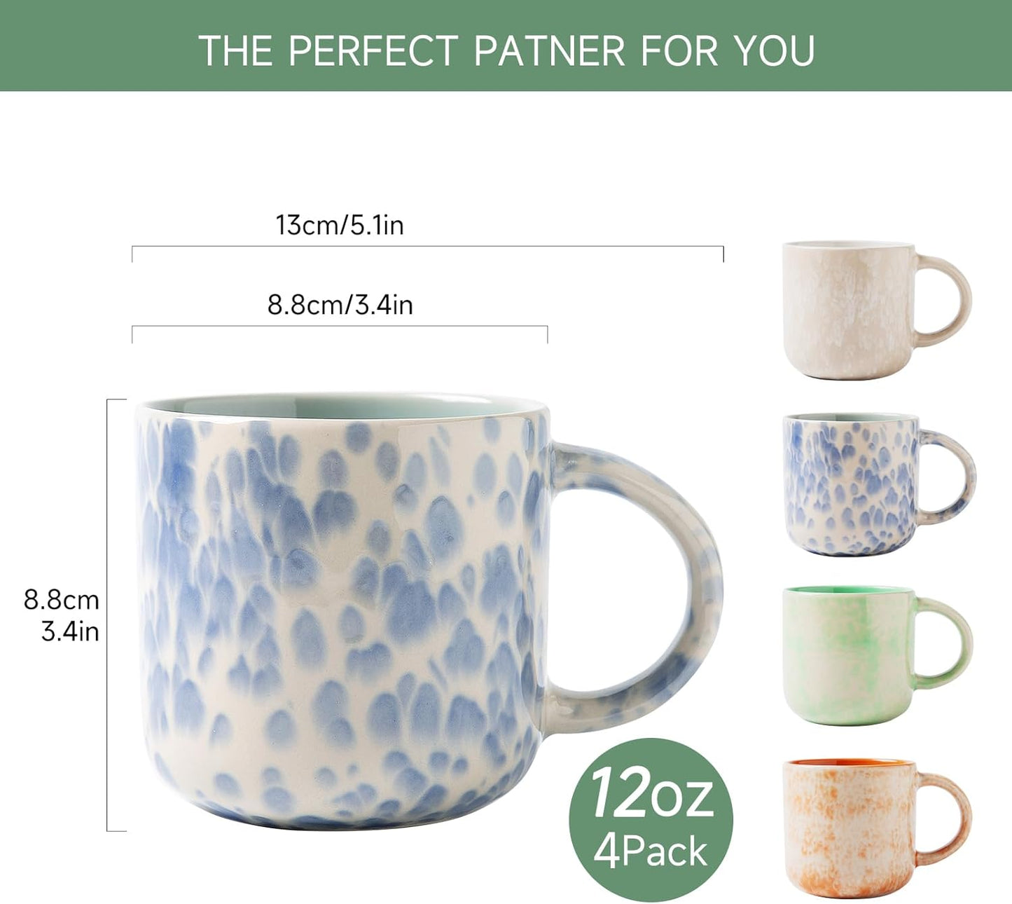 12 OZ Coffee Mugs Set of 4, Modern Ceramic Coffee Mugs Set with handle for Tea/Latte/Cappuccino/Milk/Cocoa.