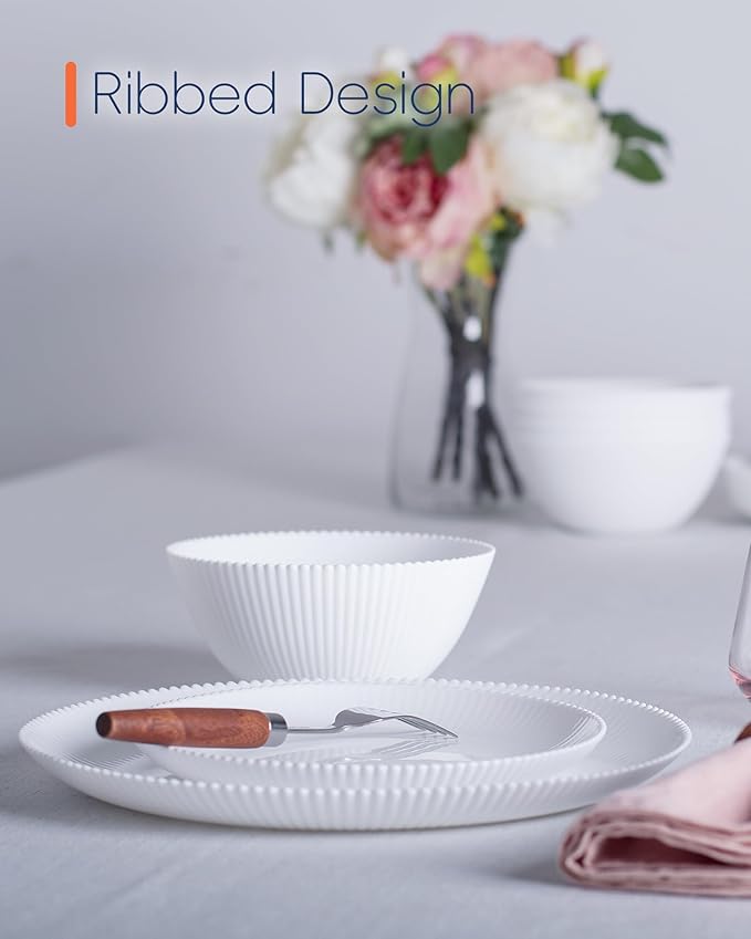 Dinnerware Sets for 4, 12 Pieces Opal Glass Plates and Bowls Set, Dishwasher and Microwave Safe Ribbed Dish Dinning Ware, Chip and Scratch Resistant Dishware, White