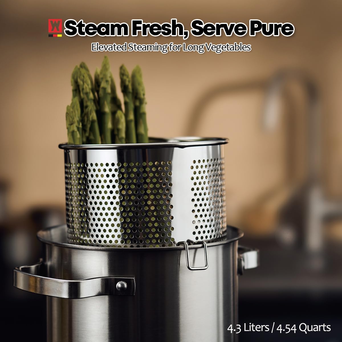 Premium Stainless Steel Asparagus Steamer Pot or Spaghetti Pasta Stovetop Cooker with Perforated Steamer Basket, Tall & Large Size, Versatile Cookware, 3-Ply Base(4.3Liters/1.14Gals)