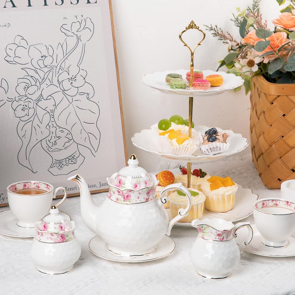 Sweejar 21 Pieces Porcelain Tea Set, Vintage Floral Gold Trimmed Teapot Cup and Saucer Set, Tea Cup for Loose Tea, Sugar Bowl and Creamer Pitcher with Spoons, Service for 6(Retro Flower)