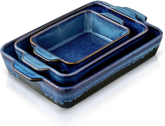 Bakeware Set, Ceramic Baking Dish Set, Rectangular Casserole Dish Set, lasagna Pan, Baking Pans Set for Cooking, Cake Dinner, Kitchen, 9 x 13 Inches, Reactive Glaze 3-Piece (Nebula Blue)