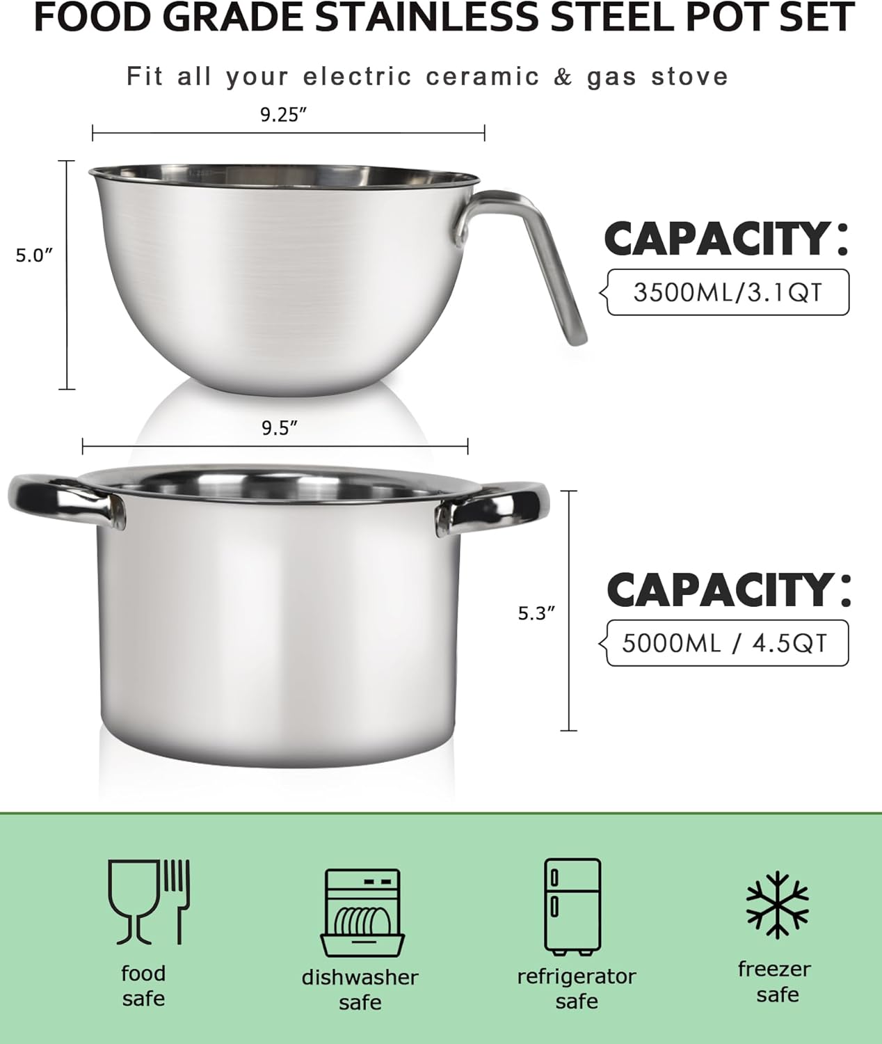 Large Double Boiler Pot Set,3500ML/3.1QT Mixing Bowl for Chocolate Melting, 5000ML/ 4.5QT 304 Stainless Steel Pot With Silicone Spatula for Melting Chocolate, Candy, Candle, Soap, Wax