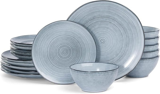 Famiware Tempus Plates and Bowls Sets for 6, 18 Pieces Stoneware Dinnerware Sets, Reactive Glaze Dishes Set, Dishwasher & Microwave Safe - Pearl Blue