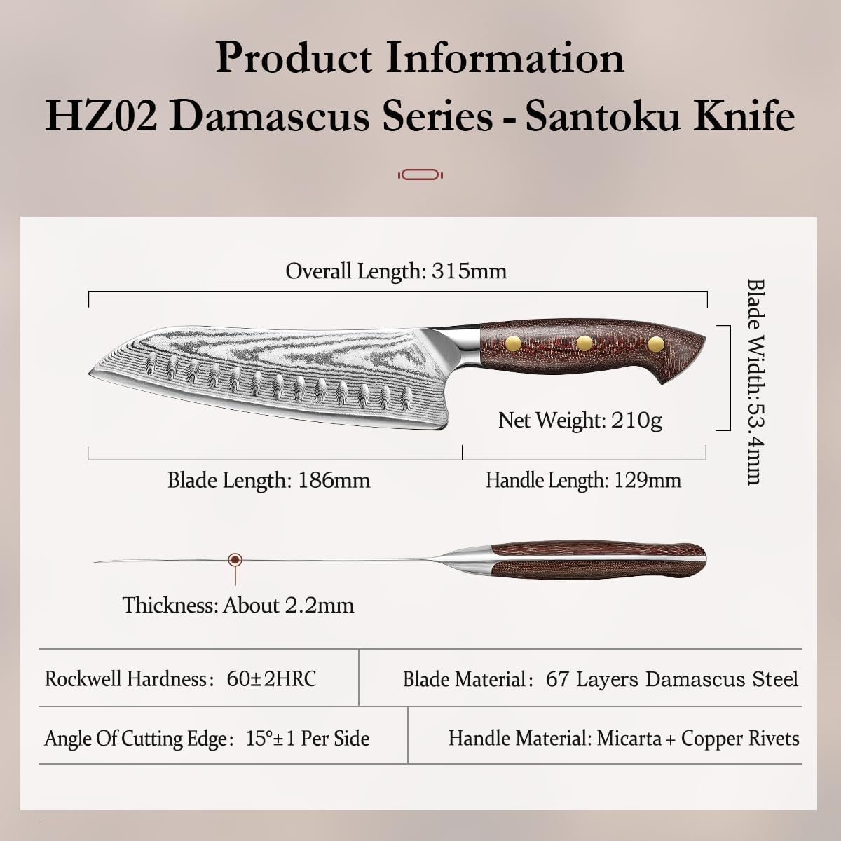 HEZHEN Santoku Knife with Wooden Sheath,7.3 Inches, 67 Layers Damascus Steel Kitchen Knife for Professional Chefs and Family, Micarta Handle,Gift Ready