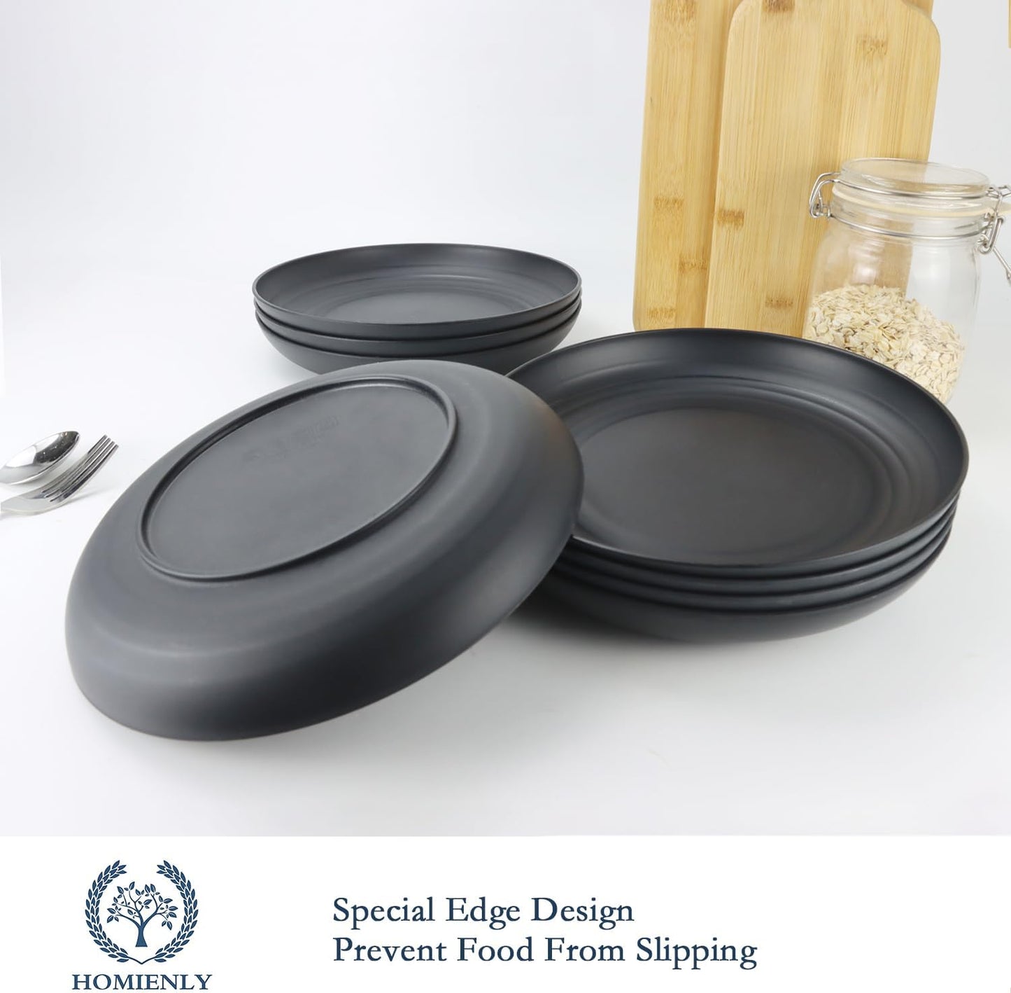 Homienly Deep Dinner Plates Set of 12 - Alternative to Plastic - Microwave & Dishwasher Safe - Wheat Straw - Unbreakable - Kids Plates (Black, 10 inch)