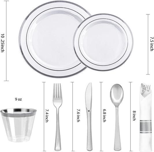 BESTVIP 700PCS Silver Plastic Dinnerware Set for 100 Guests, Disposable Plates for Party, Include: 200 Plastic Plates, 100 Pre Rolled Napkins with Silver Silverware, 100 Cups for Christmas, Halloween