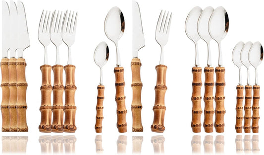 JASHII 16 Pieces Bamboo Handle Silverware Set Natural Bamboo Flatware Stainless Steel Cutlery Utensils,Service for 4, Include Knife Fork Spoon Teaspoon. - Bamboo Silver