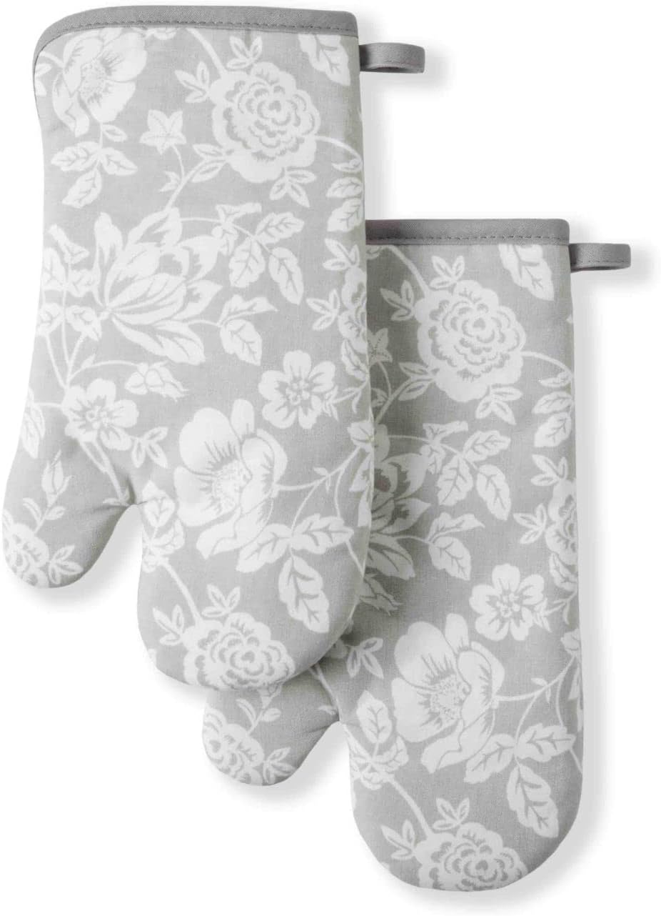 Martha Stewart Floral Vine Oven Mitt 2-Pack Set, Grey, 7"x13"