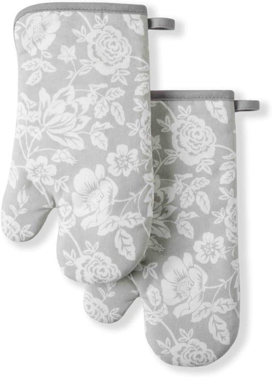 Martha Stewart Floral Vine Oven Mitt 2-Pack Set, Grey, 7"x13"
