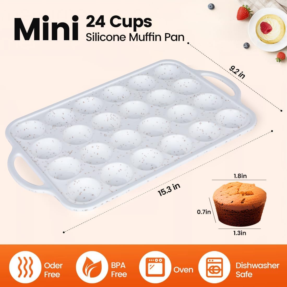 Muffin Pan With Stainless Steel Reinforced Frame - 24 Cups Durable Silicone Baking Pan for Muffins, Cupcakes, BPA Free and Dishwasher Safe - White with Coffee Spots - 1 Piece