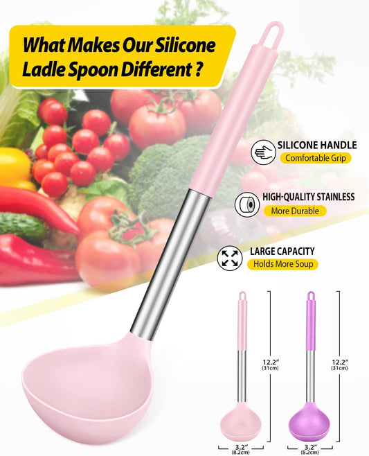 Pack of 2 Ladle Spoon,Silicone Large Spoon for Soup,Non Stick Kitchen Utensils with High Heat Resistant,BPA Free Perfect Kitchen Tools for Cooking, Stirring,Serving Soups (PINK-PURPLE)