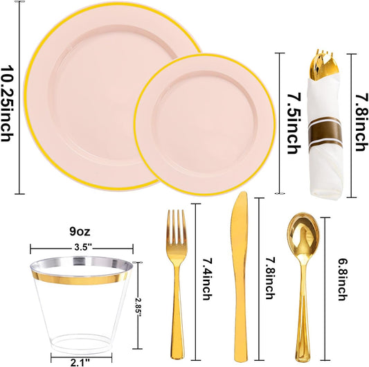 SUT 350 Pcs Pink and Gold Plastic Dinnerware Set for 50 Guests, Include: 50 Dinner Plates, 50 Dessert Plates, 50 Pre Rolled Napkins With Silverware, 50 Cups, Disposable Plates for Baby Shower, Party