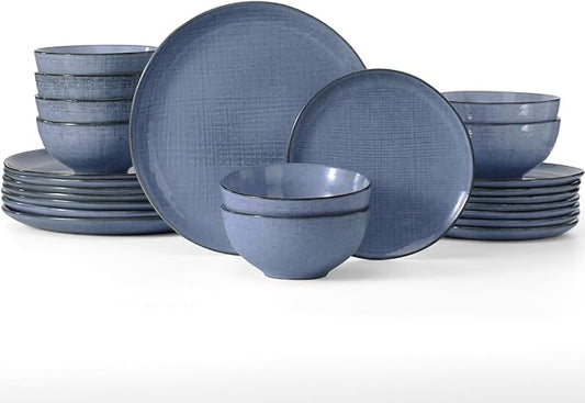 Famiware Moonlight Plates and Bowls Sets, 12 Pieces Stoneware Dinnerware Sets with Linen Finish, Handmade Dishware Set for 4, Microwave and Dishwasher Safe, Chip and Scratch Resistant, Blue