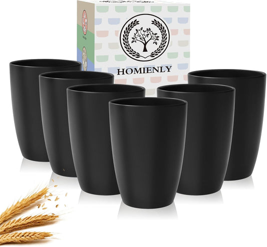 Homienly Wheat Straw Cups, 20 OZ Drinking Cups Set of 6, Plastic Cups Reusable, Stackable Kitchen Cups Set, Dishwasher Safe Water Glasses, Unbreakable Drinking Glasses for Camping, Traveling - Black