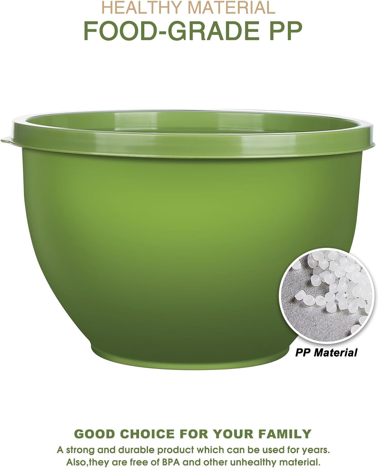 5-Piece Plastic Mixing Bowls with Lids Set for Kitchen, Nesting Bowls for Mixing, Baking, Prepping, Cooking and Serving Food, Mixing Bowls Dishwasher, Microwave Safe (5 Set-Green)