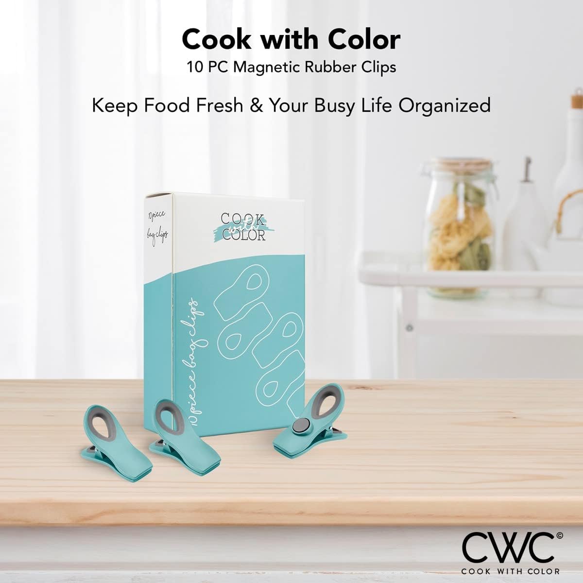 COOK WITH COLOR Bag Clips with Magnet- Food, Chip and Bag Clips for Food Storage with Airtight Seal Grip for Bread Bags, Snack Bags and Food Bags (Teal, Pack of 10)