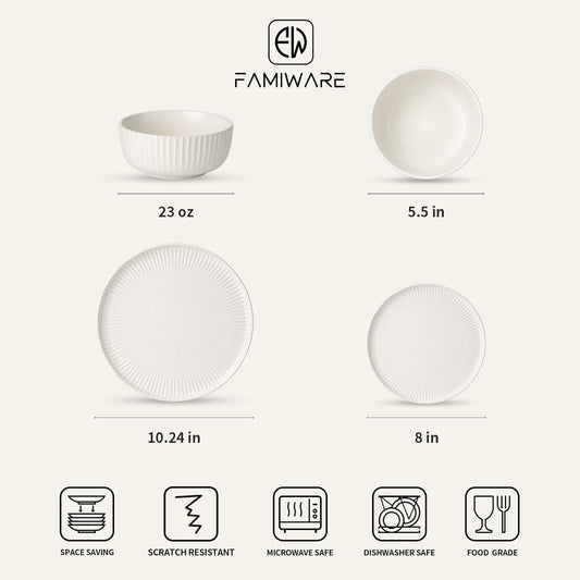 Famiware Starlight Dinnerware Sets, Plates and Bowls Dish Set of 8 (24 Pieces), Ribbed Textured Tableware - Dishwasher & Microwave Safe, Chip Resistant, Reactive Glaze, Matte Reactive White