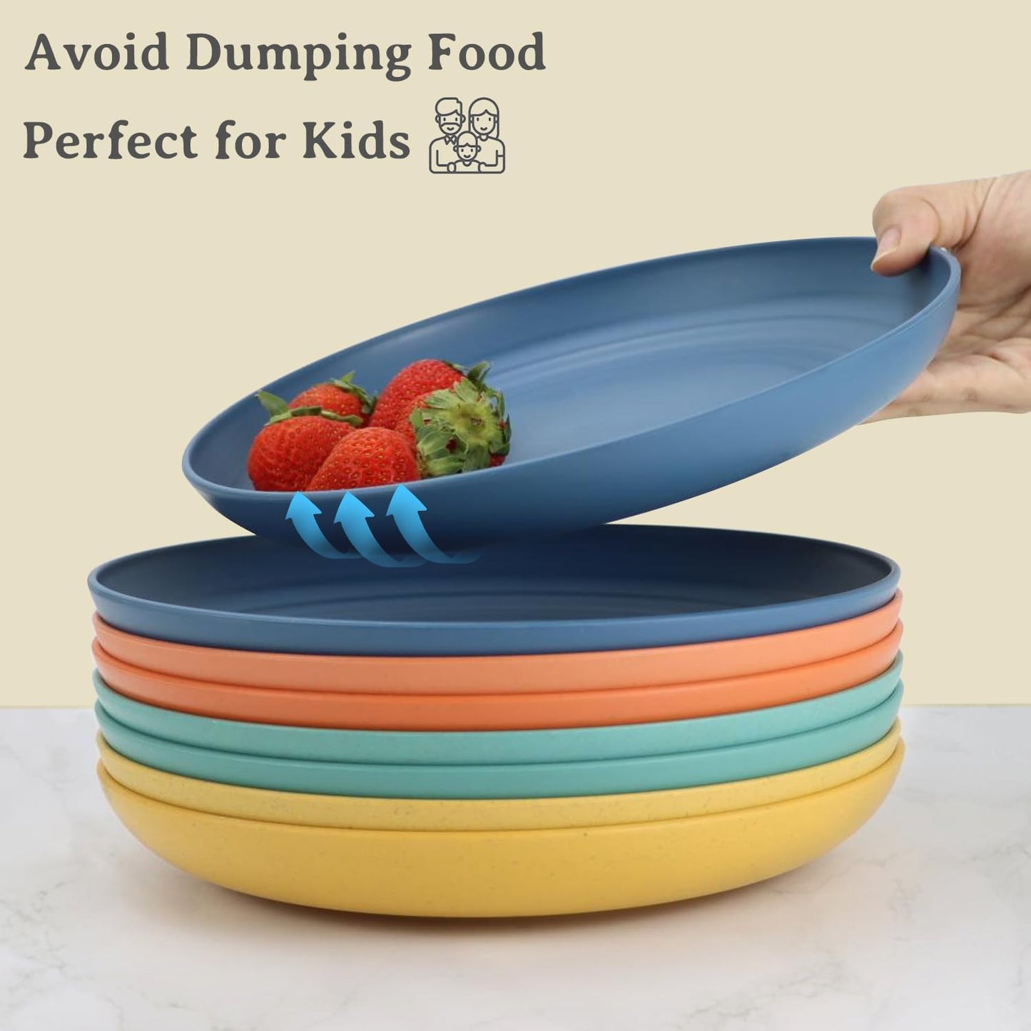 Wrova Large Wheat Straw Dinner Plates - 11 Inch Unbreakable Big Set of 8 - Dishwasher & Microwave Safe Plastic Plates - Deep Edge for Kitchen & Camping (Colorful)