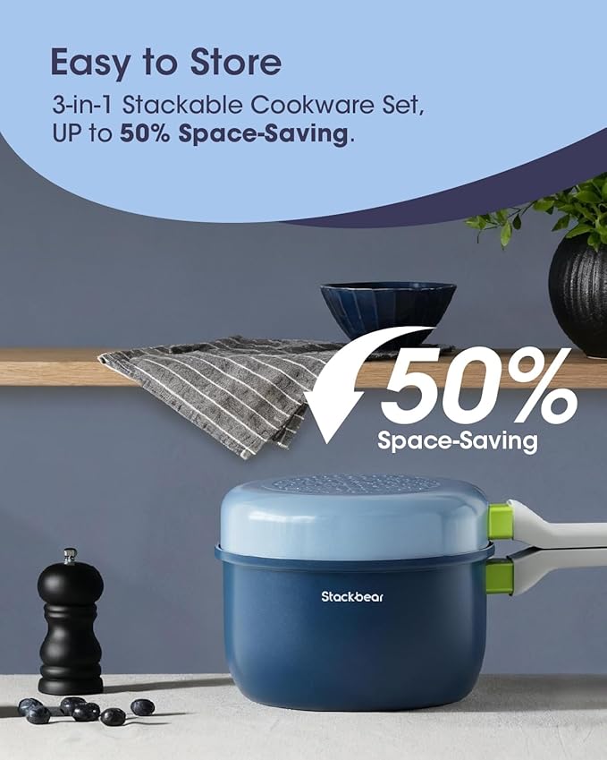 Ceramic Non Stick Sauce & Frying Pan Set, 2.5QT Saucepan, 7" Egg Omelette Pan & 18/10 Stainless Steel Steamer, Induction Cookware Set for Quick Meals, PTFE, PFOA & PFAS Free, Light Blue