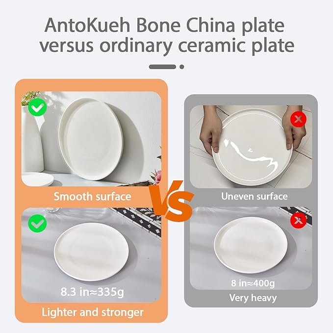 AntoKueh White Salad Plates Set of 6, 8.3 Inch Fine Bone China Small Dishes with Shallow Edge for Dessert, Appetizer, Steak, Dishwasher/Microwave safe