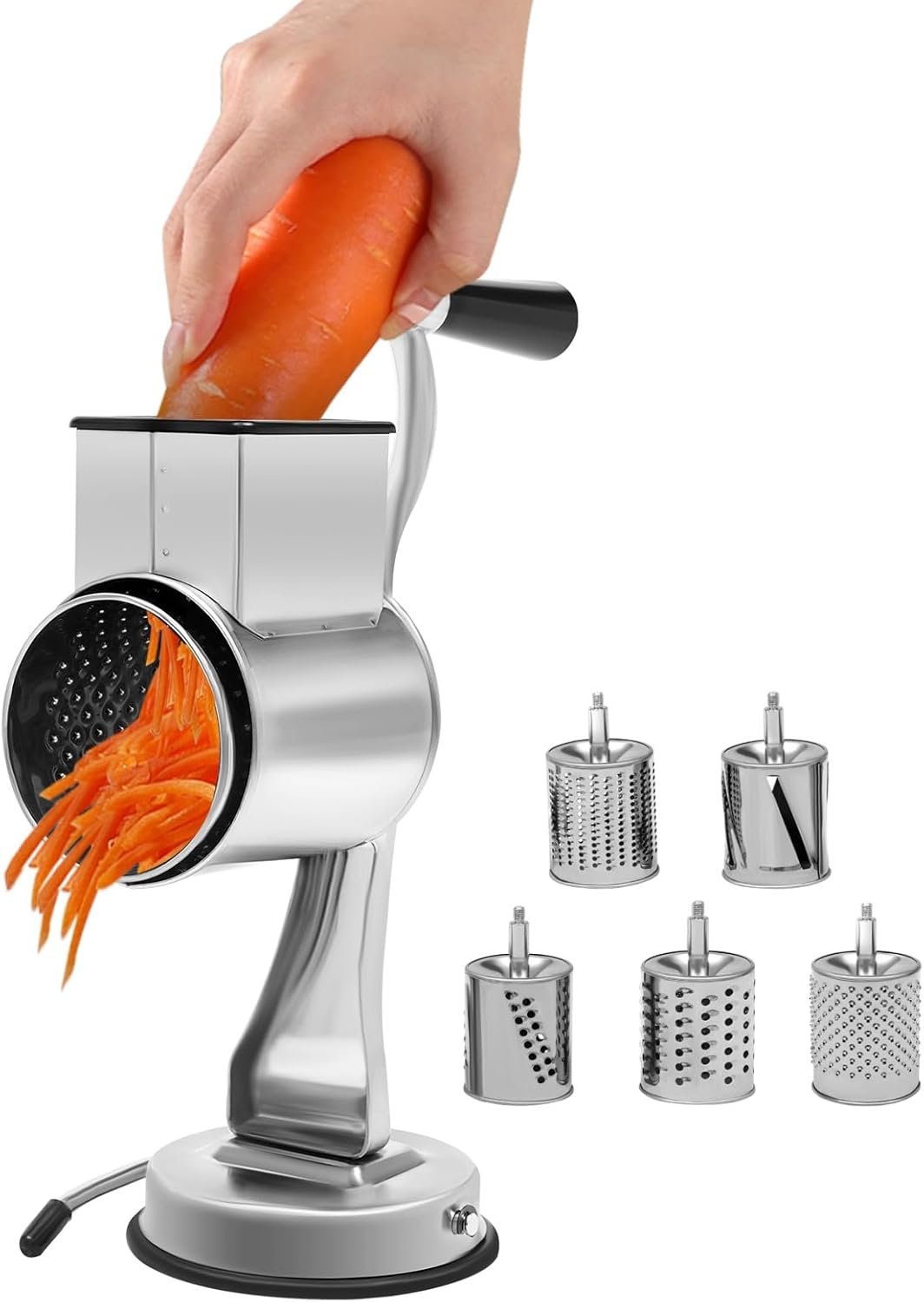 5-in-1 Rotary Cheese Grater & Vegetable Slicer with 5 Interchangeable Blades, Stainless Steel - Rotary Grater Slicer for Fruit, Vegetables, Nuts and More