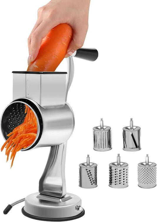 5-in-1 Rotary Cheese Grater & Vegetable Slicer with 5 Interchangeable Blades, Stainless Steel - Rotary Grater Slicer for Fruit, Vegetables, Nuts and More