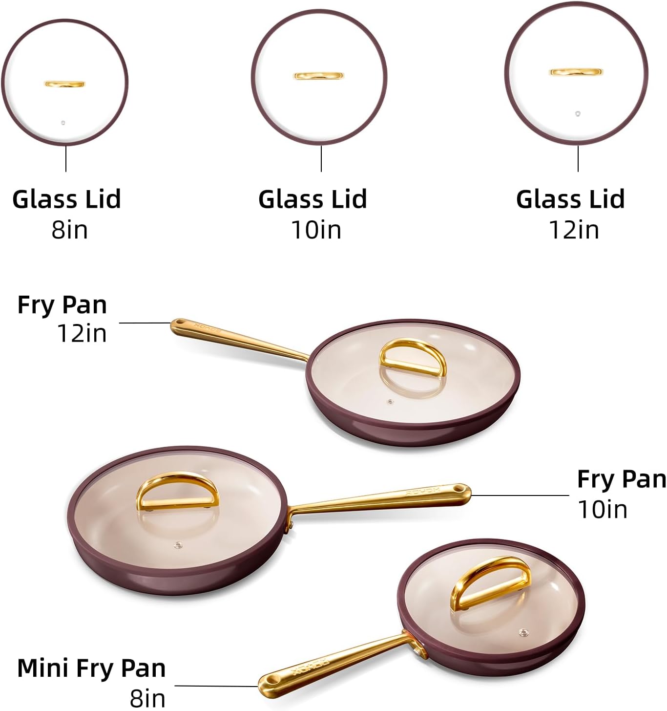ROYDX Titanium Ceramic Nonstick Fry Pan Set 8", 10" and 12" Frying Pan Skillet Set with Glass Lids-Non Toxic, PTFE & PFOA Free - Oven Dishwasher Safe & Compatible with All Stovetops-Walnut Brown
