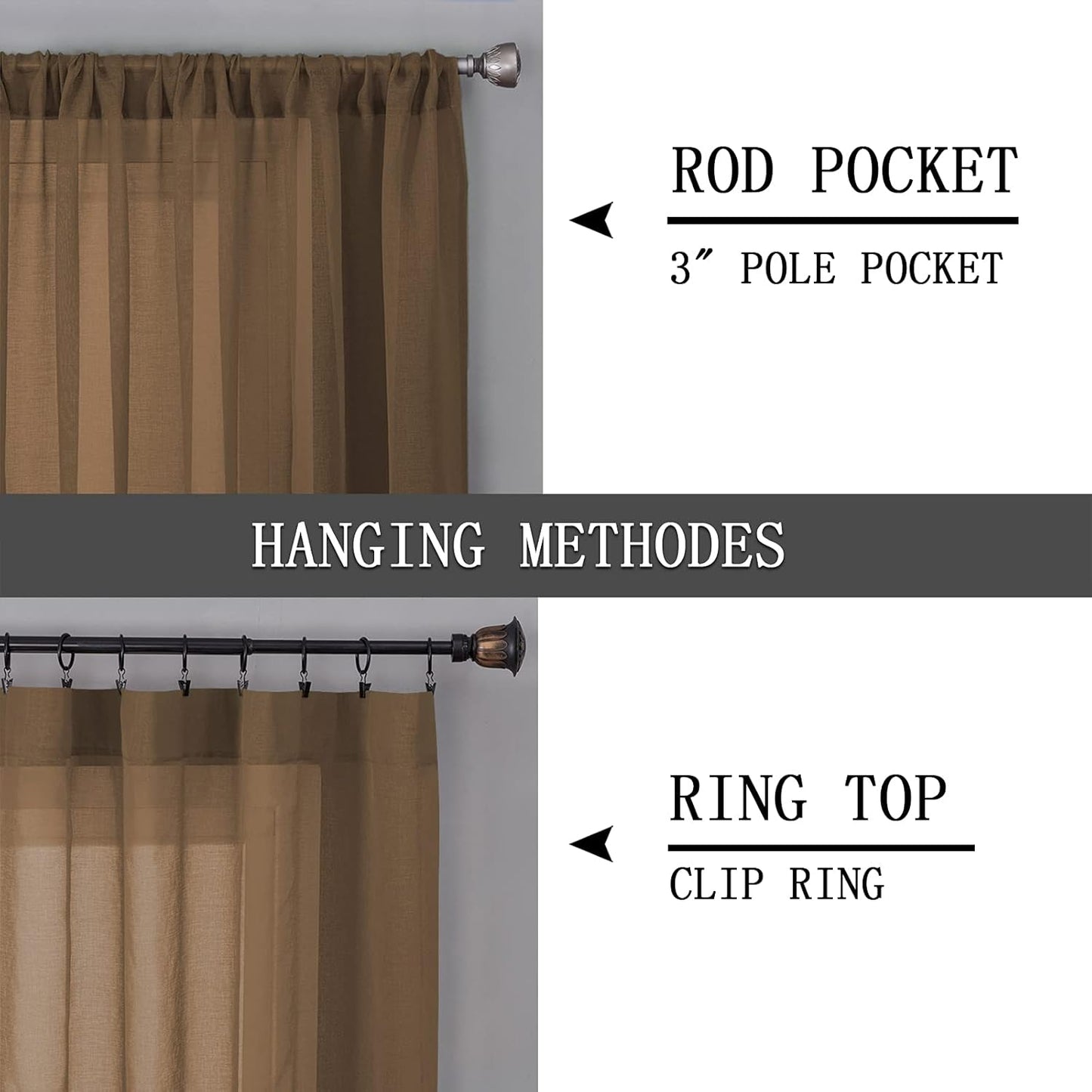 Tollpiz Sheer Tier Curtain Linen Textured Half Kitchen Curtains Sheer Light Filtering Rod Pocket Voile Small Curtains for Bathroom, 25 x 36 inches Long, Brown, Set of 2 Panels