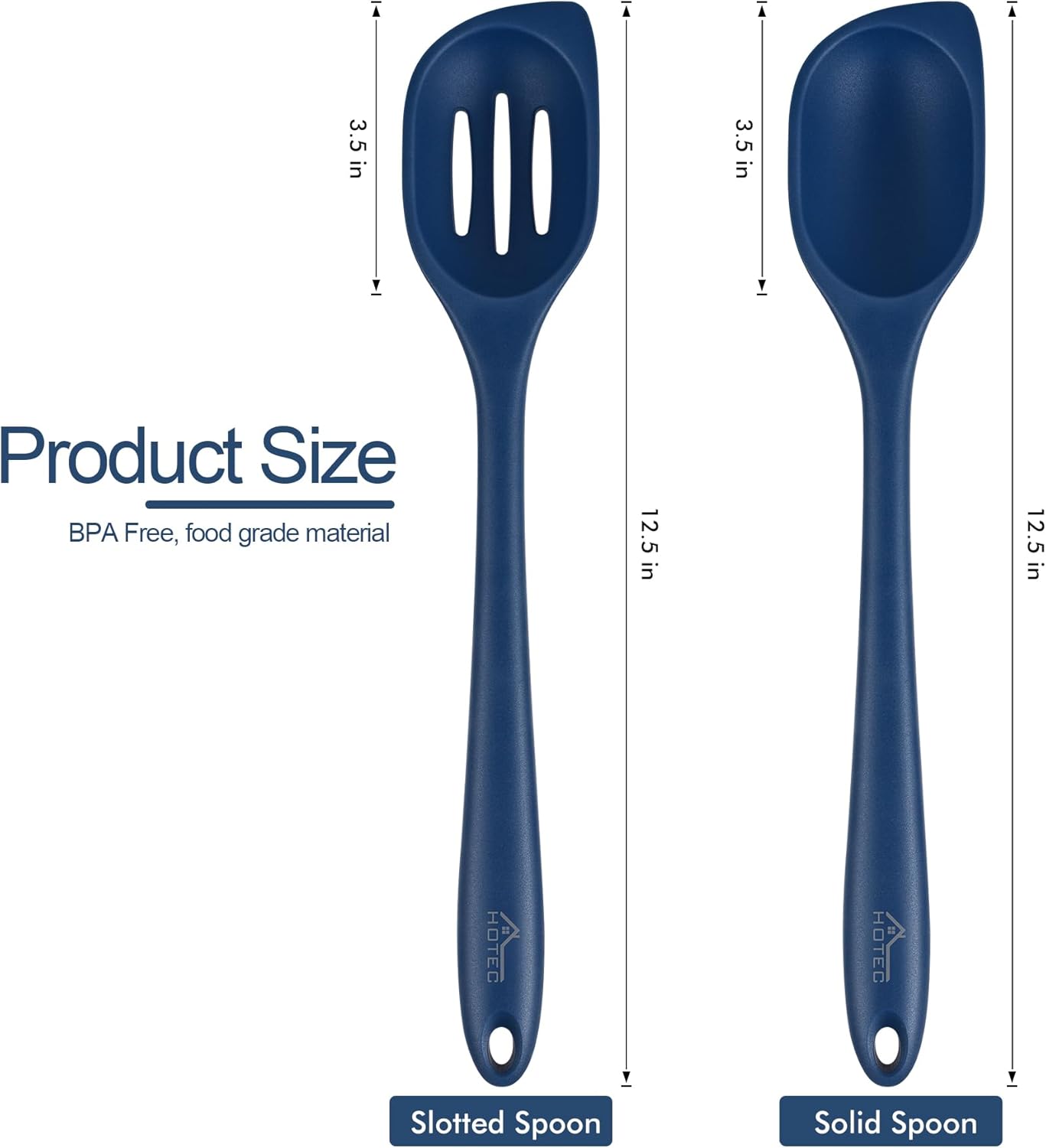 HOTEC 446°F Heat Resistant Silicone Cooking Spoon Spatula, BPA Free Large Kitchen Solid and Slotted Spoons for Mixing, Serving, Scraping, Non-stick, Dishwasher Safe Classic Blue 12.5inch