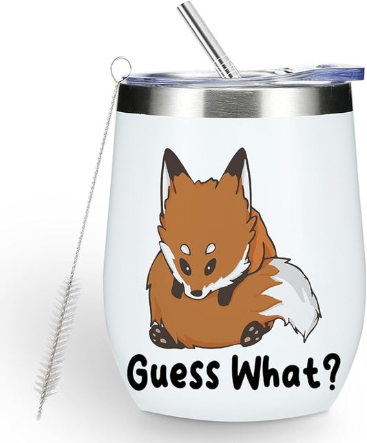 Cute Funny 12 oz Tumbler, Wine Tumbler Insulated Wine Glass with Lid, Fox Gifts for Girls Boys Women Men Mom Animal Lovers Fox Supplies Accessories Friendship Appreciation Christmas Birthday