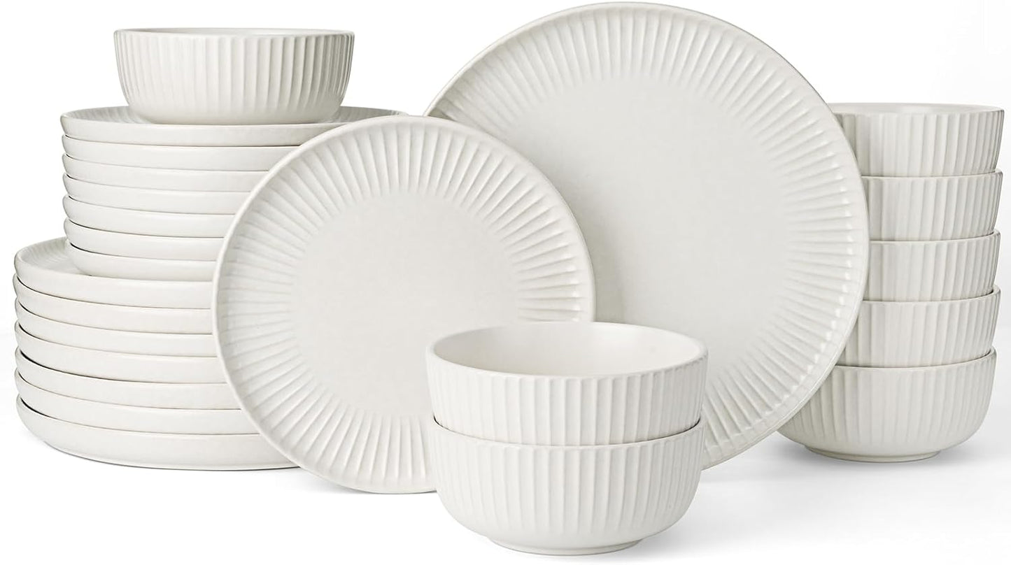 Famiware Starlight Dinnerware Sets, Plates and Bowls Dish Set of 8 (24 Pieces), Ribbed Textured Tableware - Dishwasher & Microwave Safe, Chip Resistant, Reactive Glaze, Matte Reactive White