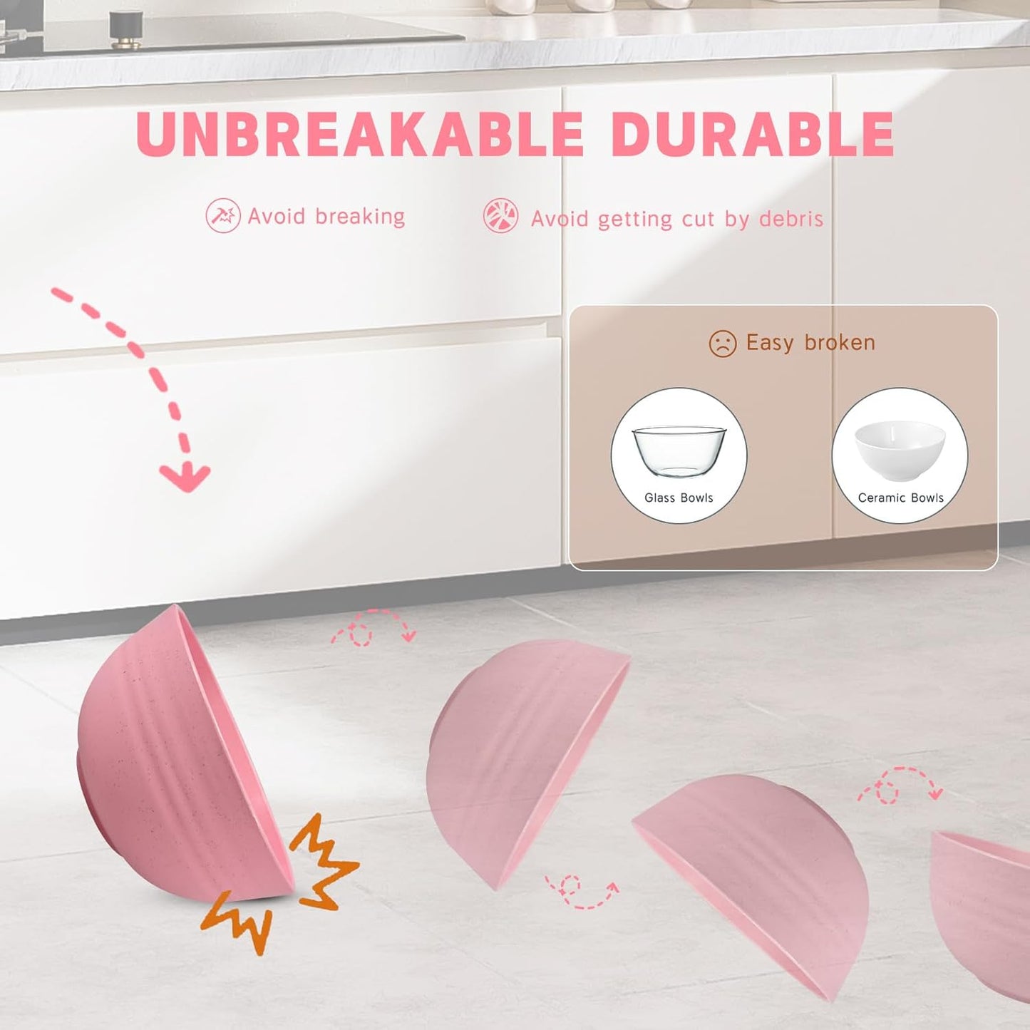 Kitchen Wheat Straw Dinnerware Sets (33pcs) Attached cleaning brush,Service For 8,Plastic Plates and Bowls Sets,Unbreakable Dinnerware,Lightweight Plastic Plate Set (pink)