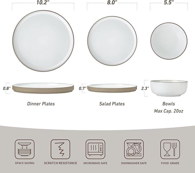 Famiware Nature Plates and Bowls Set, 18 Pieces Dinnerware Sets, Dishware Sets, Dishes Set for 6, Microwave and Dishwasher Safe, Snowy White
