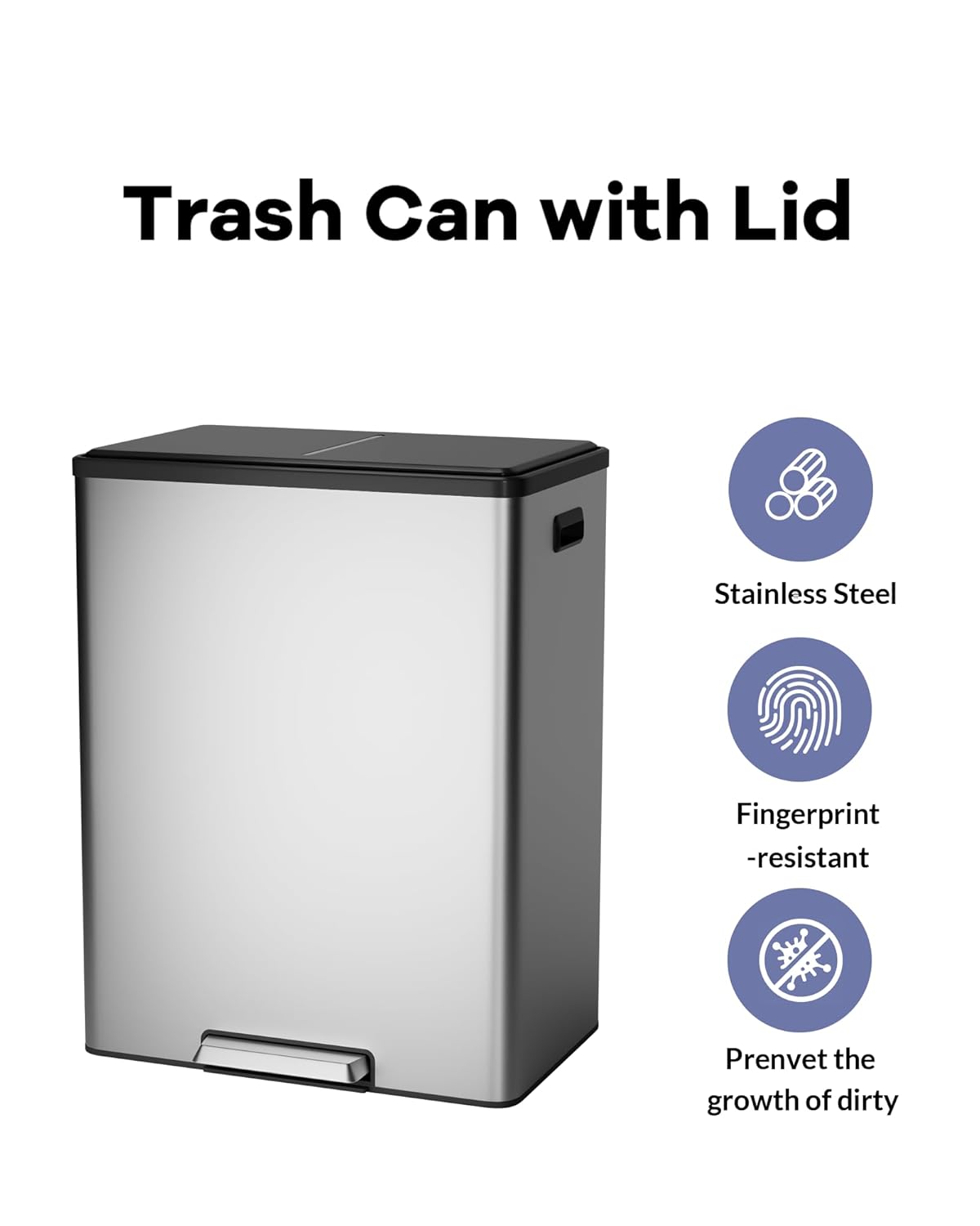 Garvee Dual Trash Can for Recycling and Trash, Stainless Steel Kitchen Trash Can with Lid and Foot Pedal, Double Compartment Garbage Can, with Recycling Bin